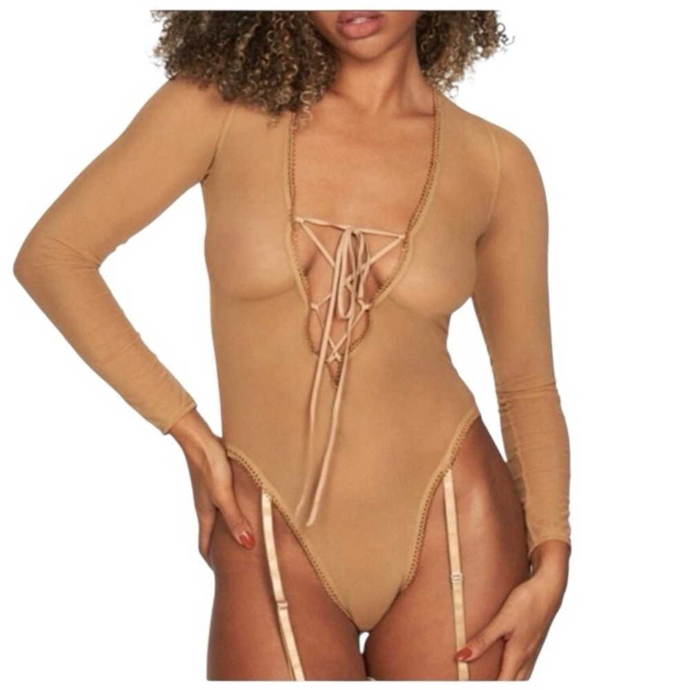Frederick’s of Hollywood Lola Lee Latte Sheer Mesh Bodysuit L
